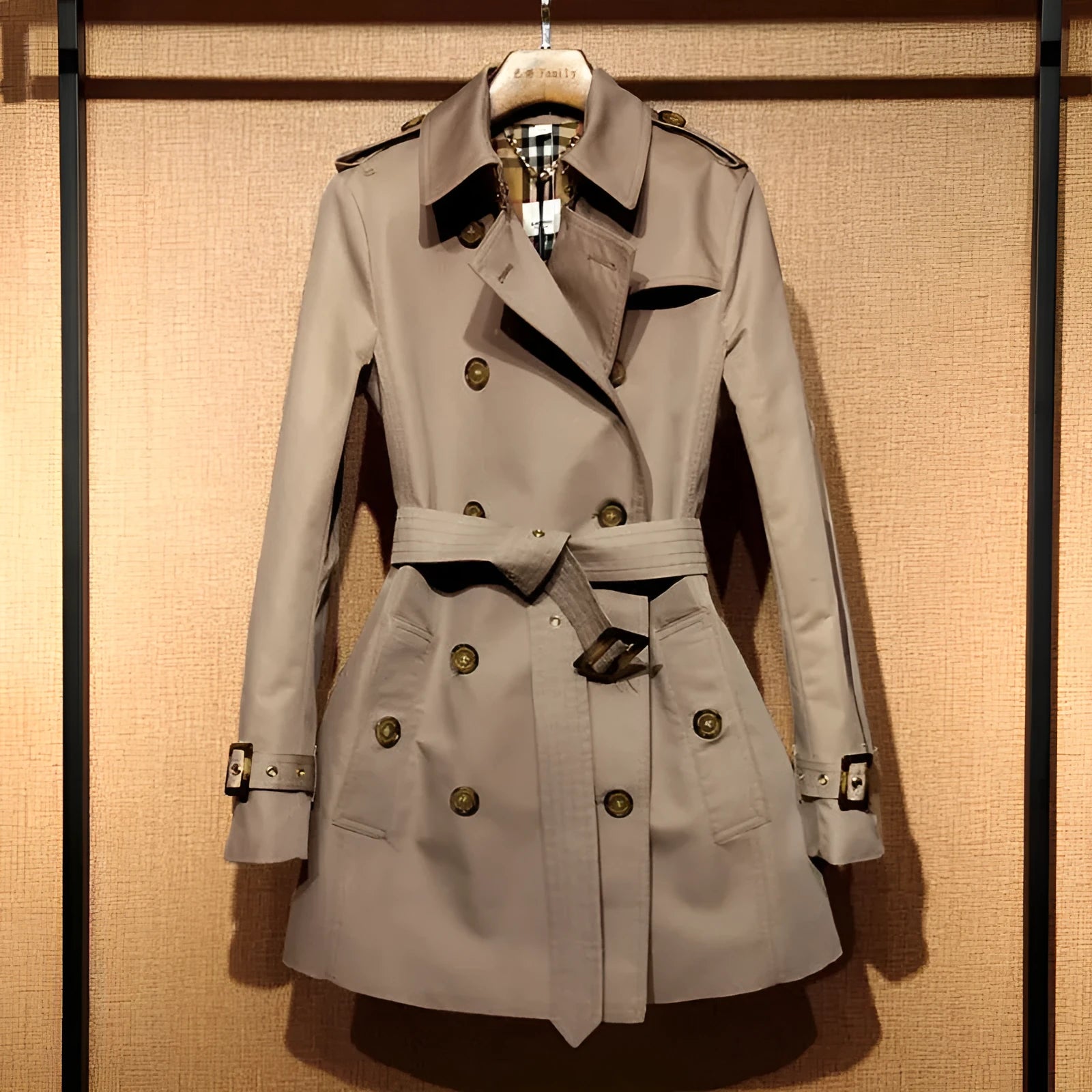 Khaki double-breasted women's trench coat with long flight sleeves, shown on a hanger.