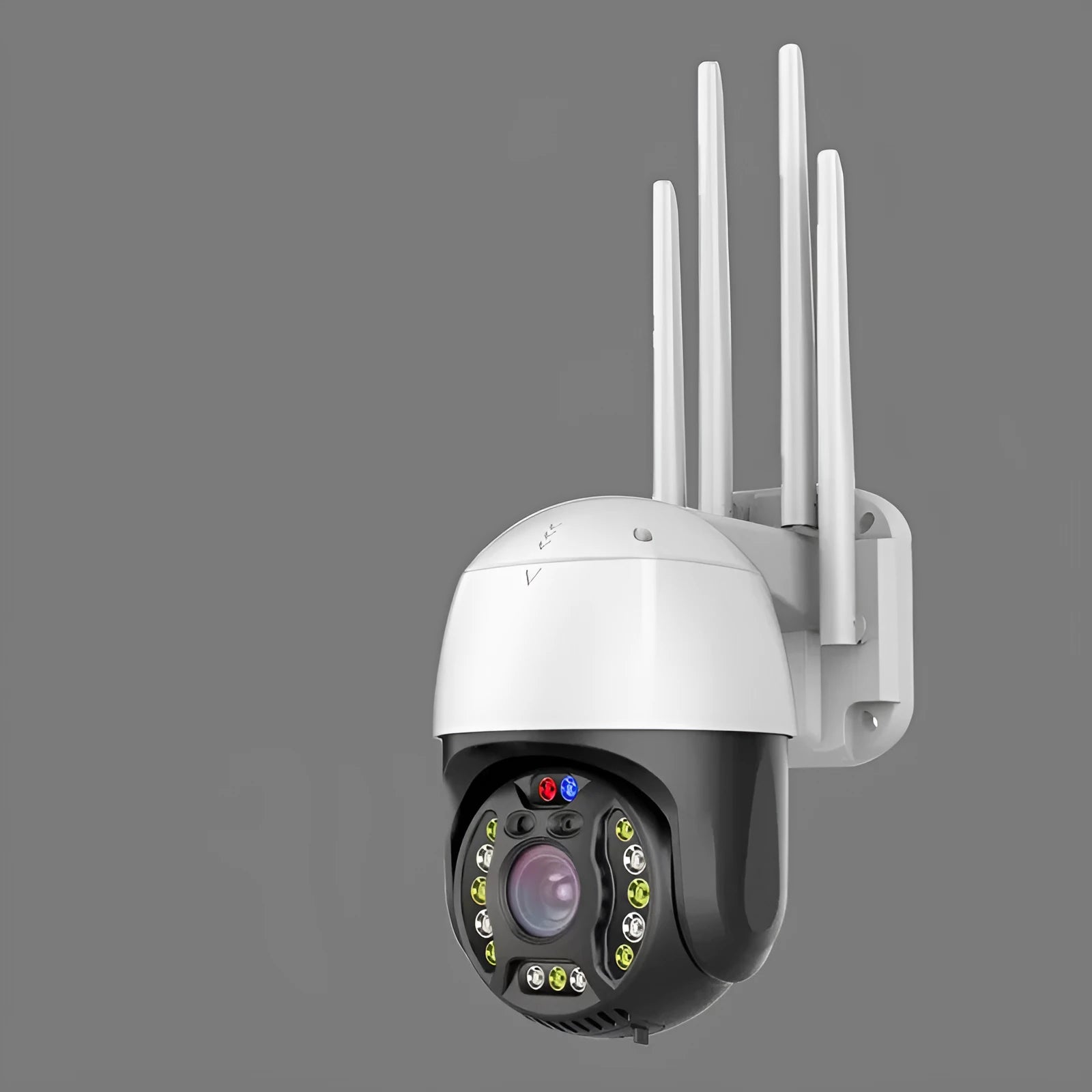 Outdoor dome security camera with 360-degree rotation on a wall mount, showing infrared LEDs for night vision.