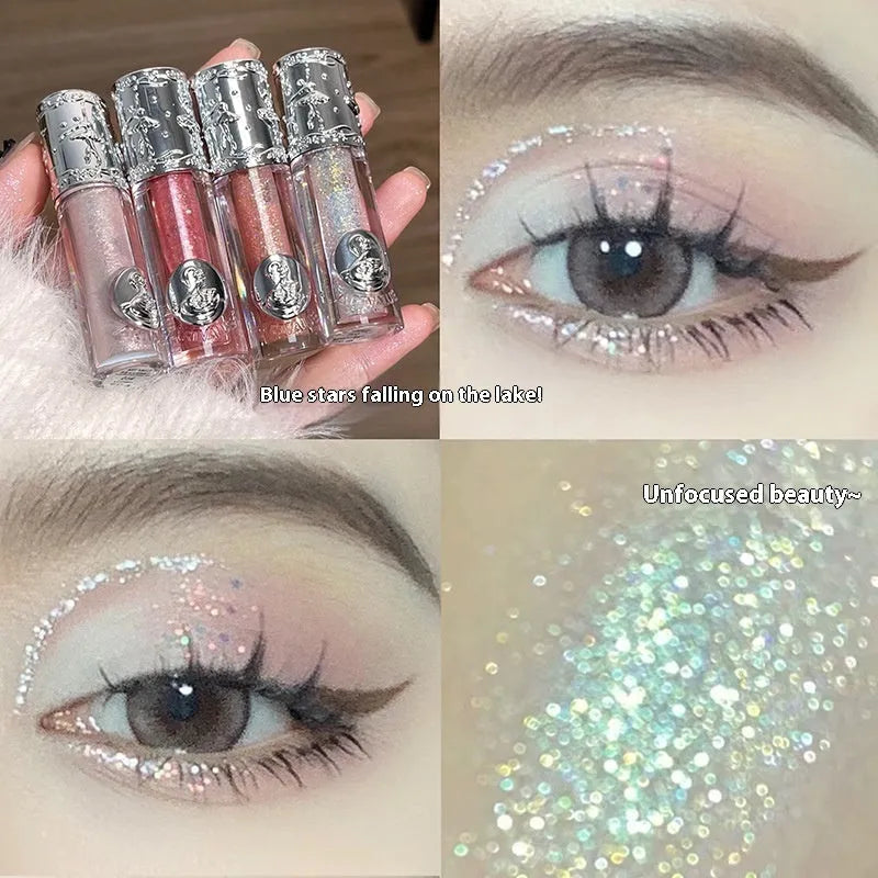 Ballet liquid eye shadow showing five colour options including pink glitter, brown shimmer, purple metallic, nude matte and silver glitter finishes