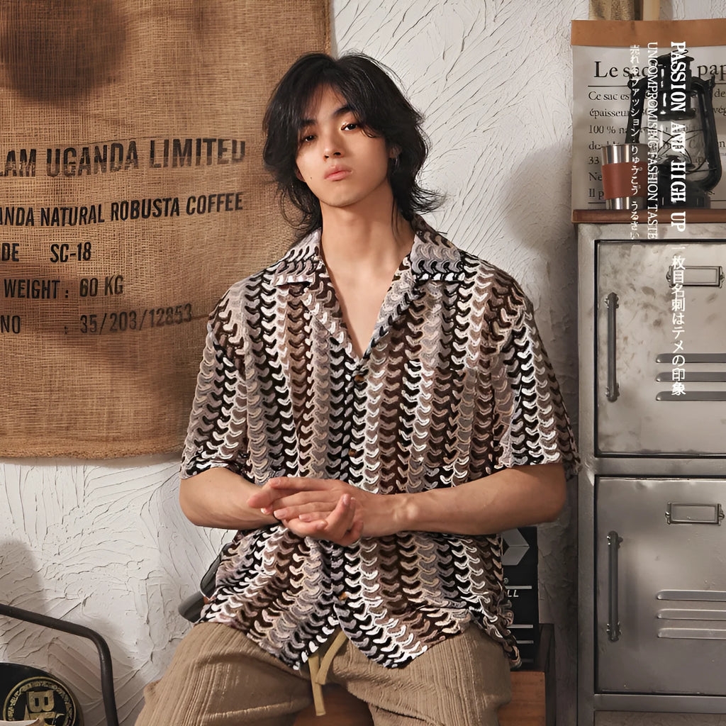 Japanese style Cuban collar short sleeve shirt with hollow jacquard pattern in grey or red