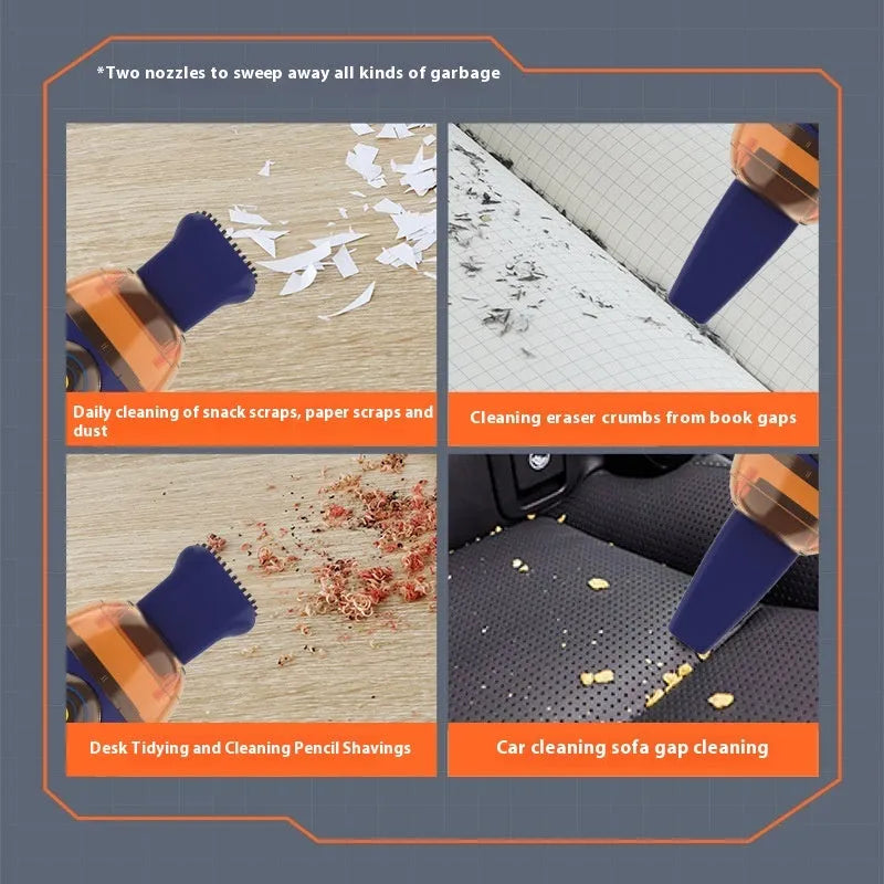 USB charging handheld desktop vacuum cleaner in multiple colour options including blue, orange, and grey white designs