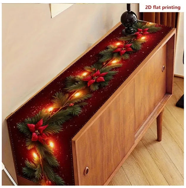 Christmas theme printed table runner with white, red, and green stripes on a wooden dining table, 33x183cm