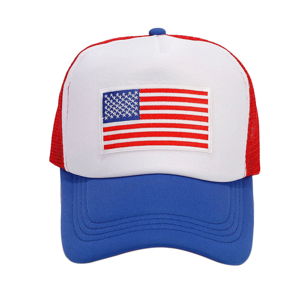 Red and blue mesh baseball cap with adjustable strap and dome crown design