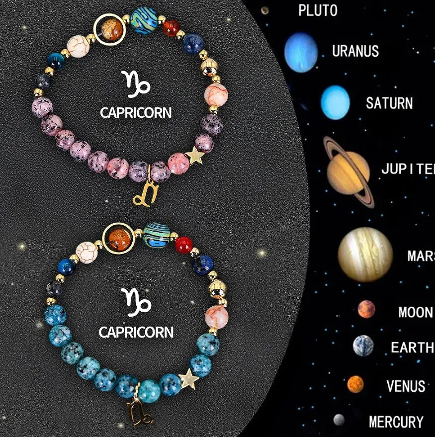 Two natural stone beaded bracelets for zodiac signs laid flat, showing varied bead colours and styles.