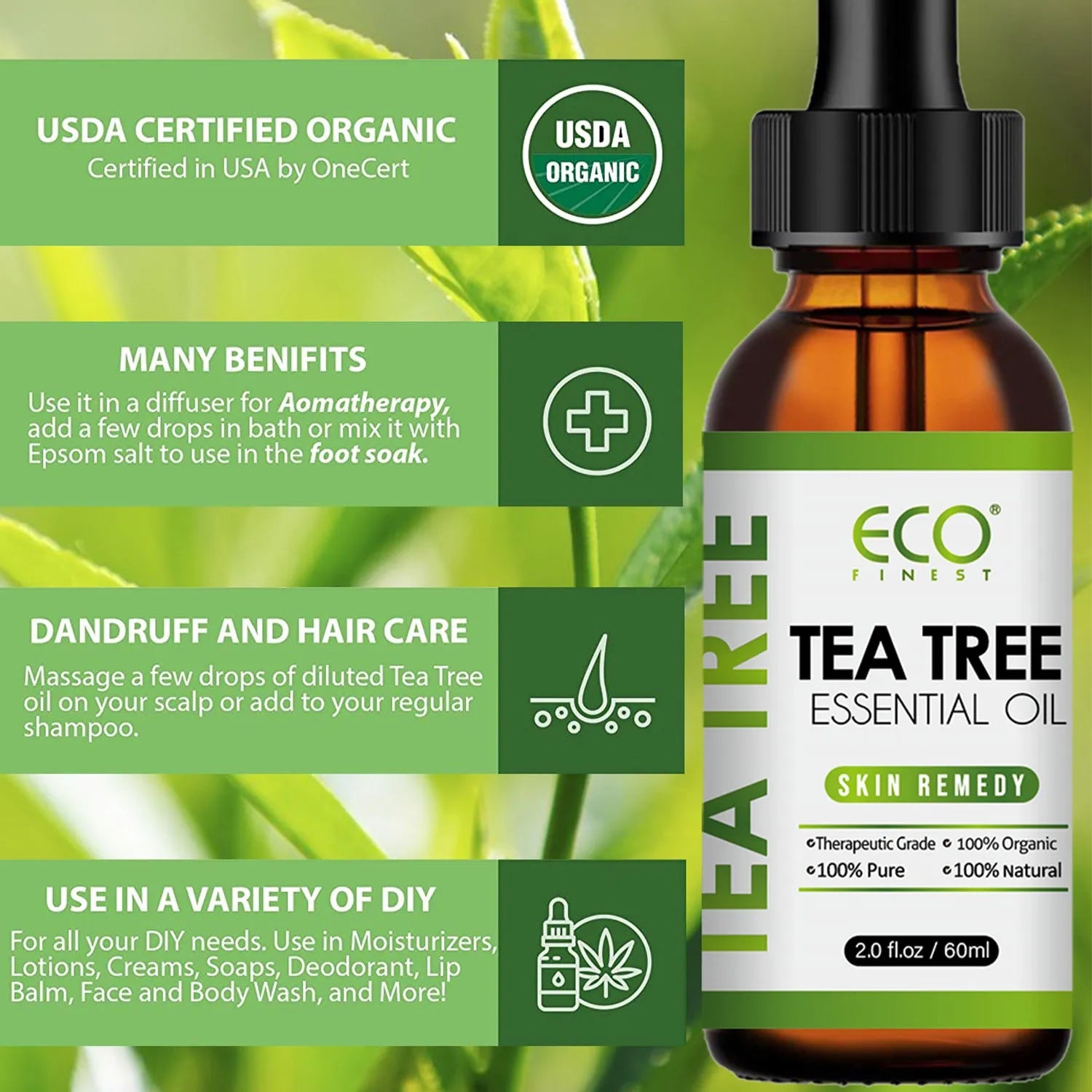 60ml bottle of pure tea tree essential oil for acne treatment and skin blemish reduction