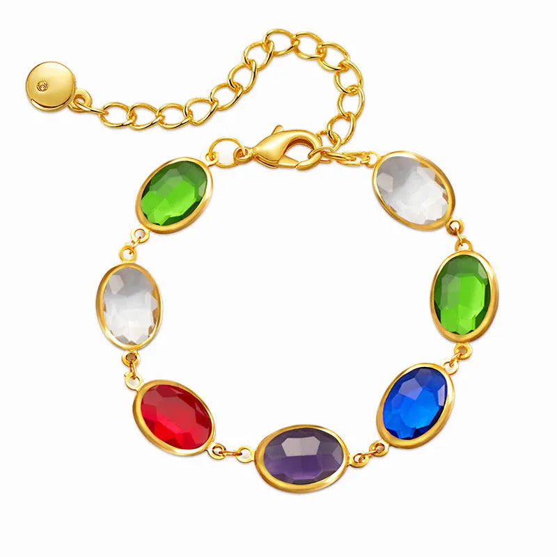 Women's geometric ellipse bracelet with 18K copper and coloured glass inlay beads in blue, green, and multicolour options