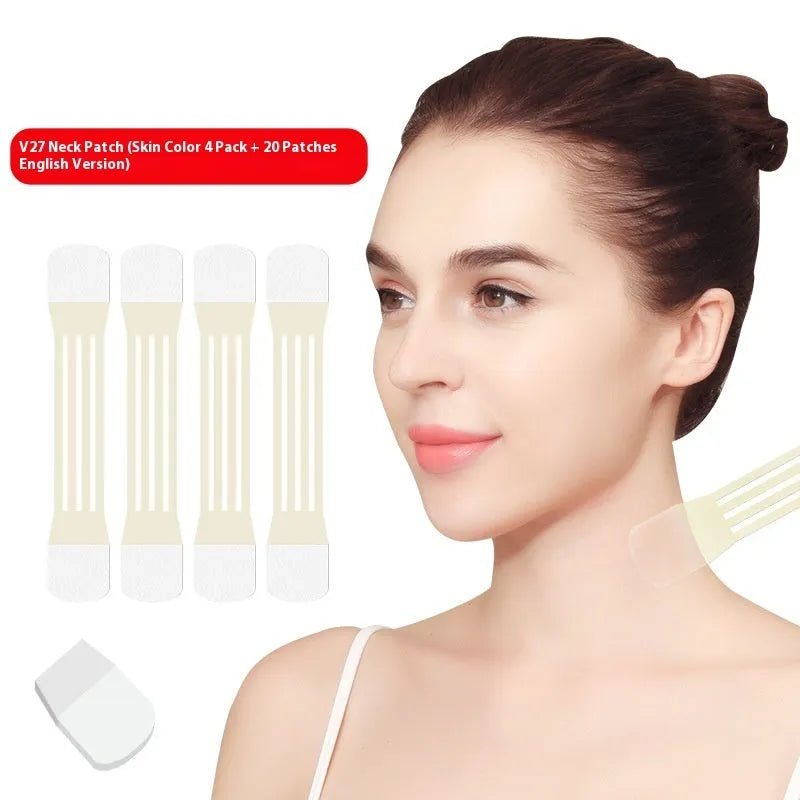 V27 neck pattern sling firming tape set with skin-tone adhesive patches on card
