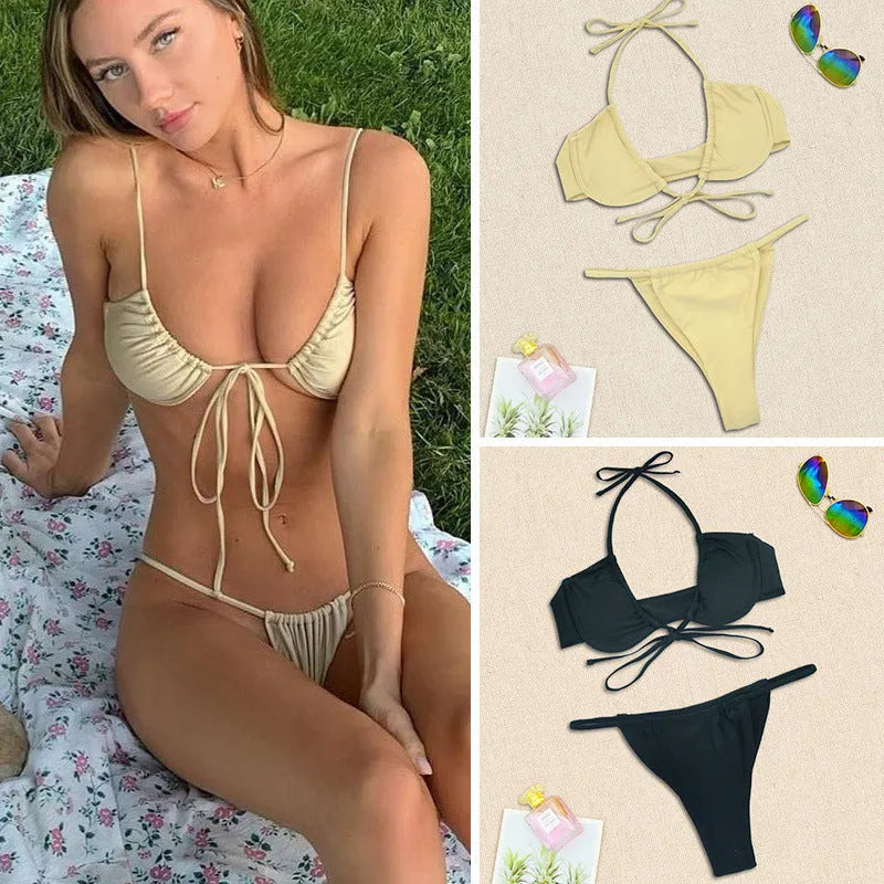 Women's black and mint green split bikini swimsuit made from nylon fabric in sizes S M L XL