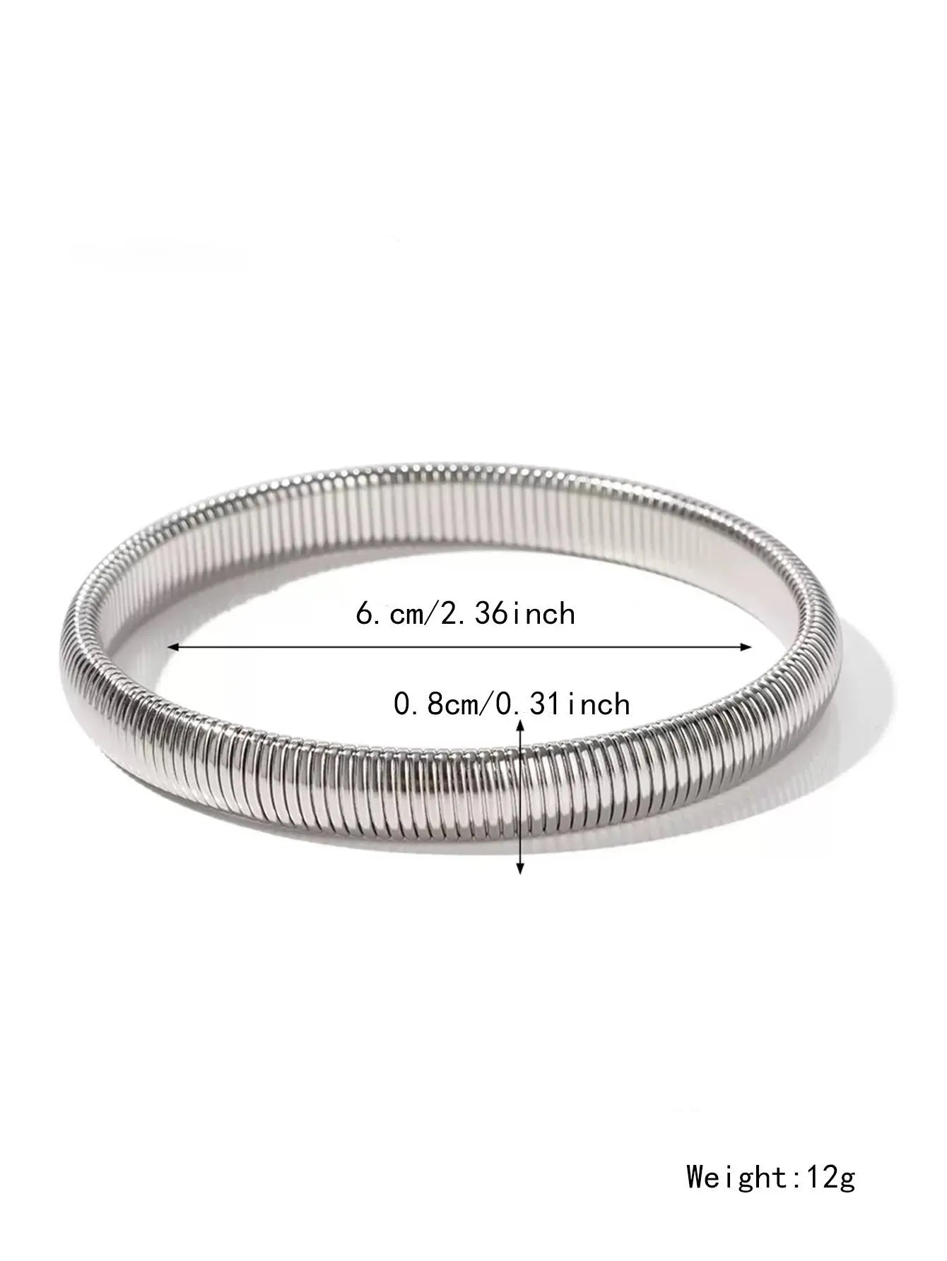 Gold titanium steel bracelet with elastic vertical stripe ring design, shown at 2cm width.