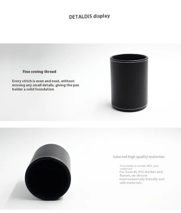 Black leather round pen holder container with 8cm diameter and 10.8cm height