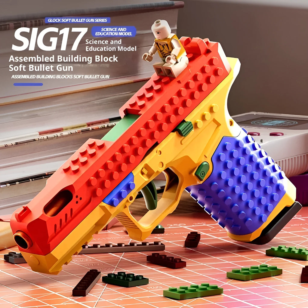 Glock G17 building block assembling gun on transparent stand with bullets and casings