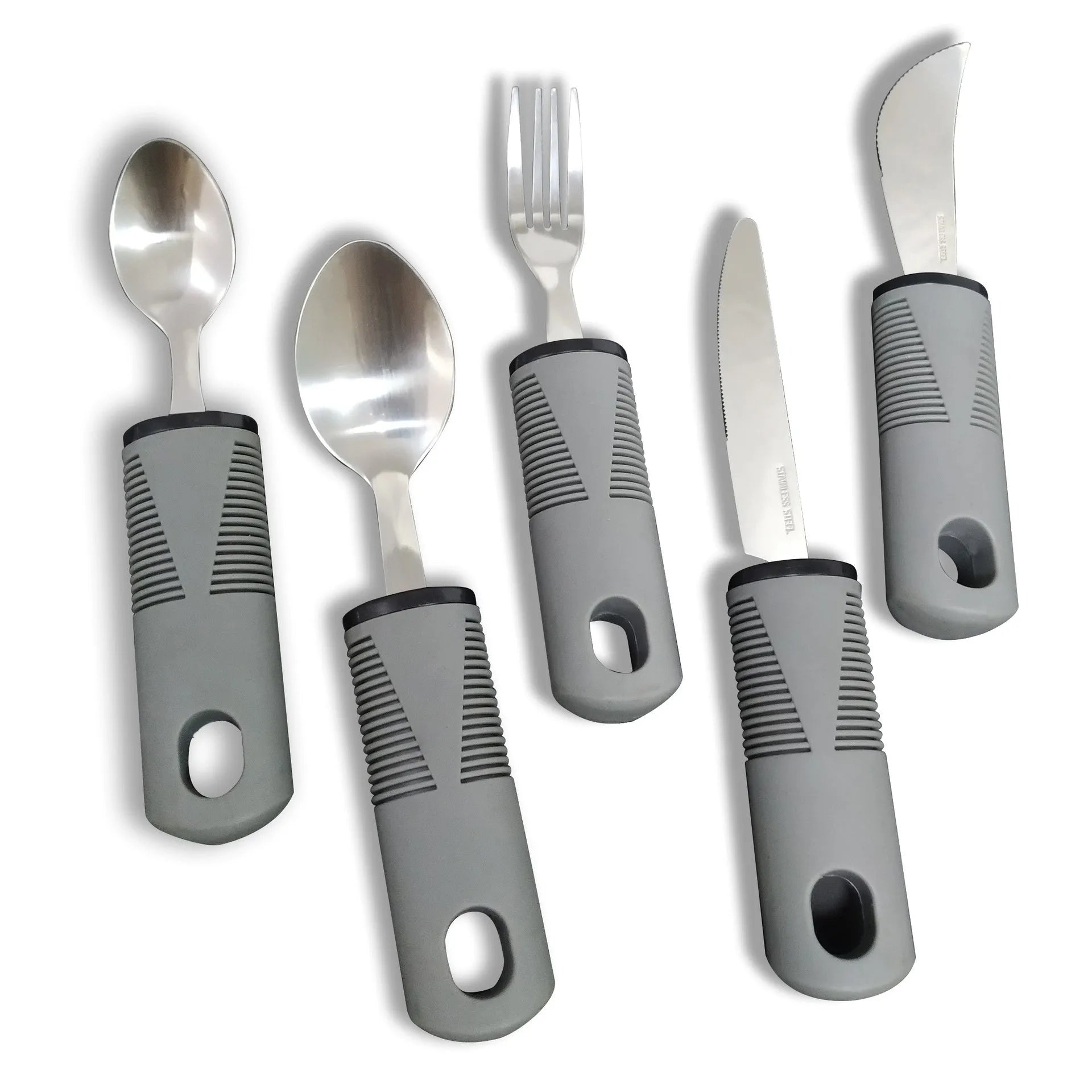 Adaptive cutlery set with stainless steel utensils and rubber grip handles for hand tremor assistance