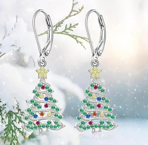 White gold colour Christmas tree earrings with star design for women