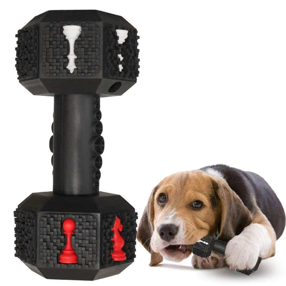 A black and blue durable rubber dumbbell-shaped dog chew toy on a white background.