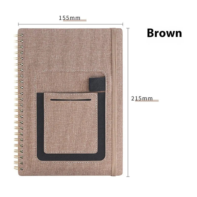 Reusable erasable coil notebook with stone paper, shown with a pen and available in multiple cover colour options.