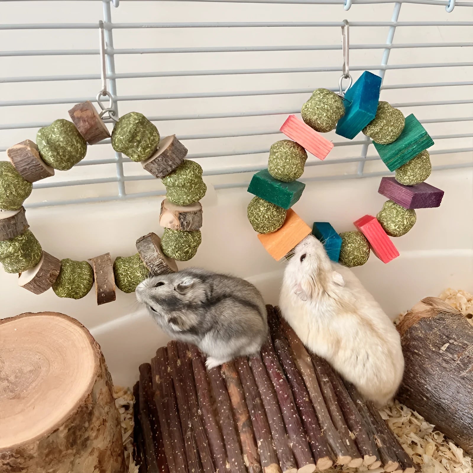 Hamster toy with ring, straw balls and applewood chew rod for small pets