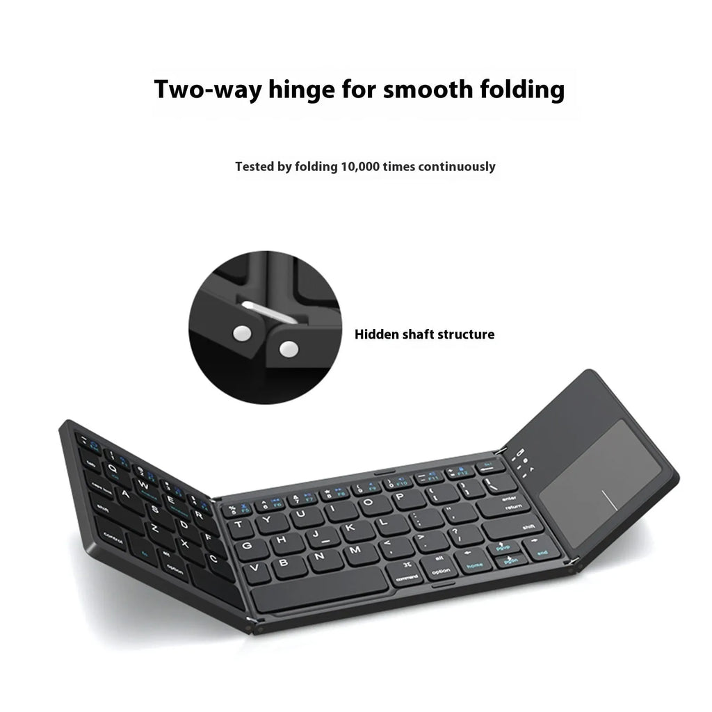 Tri-fold Bluetooth keyboard shown both folded and unfolded with black and silver colour options