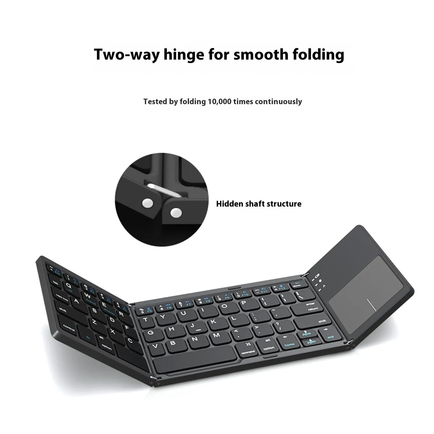 Tri-fold Bluetooth keyboard shown both folded and unfolded with black and silver colour options
