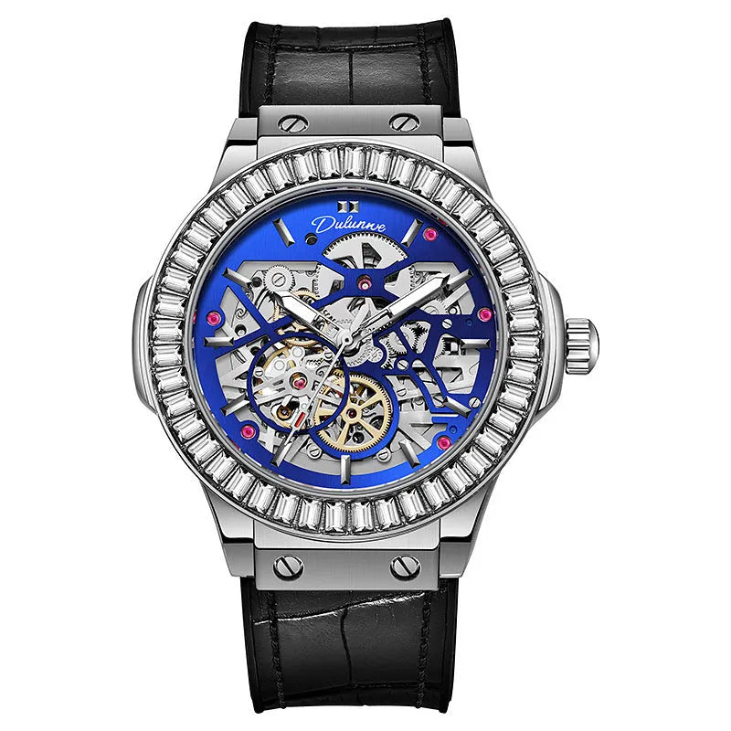 Automatic mechanical men's watch with skeleton dial, diamond studs, and white steel case.
