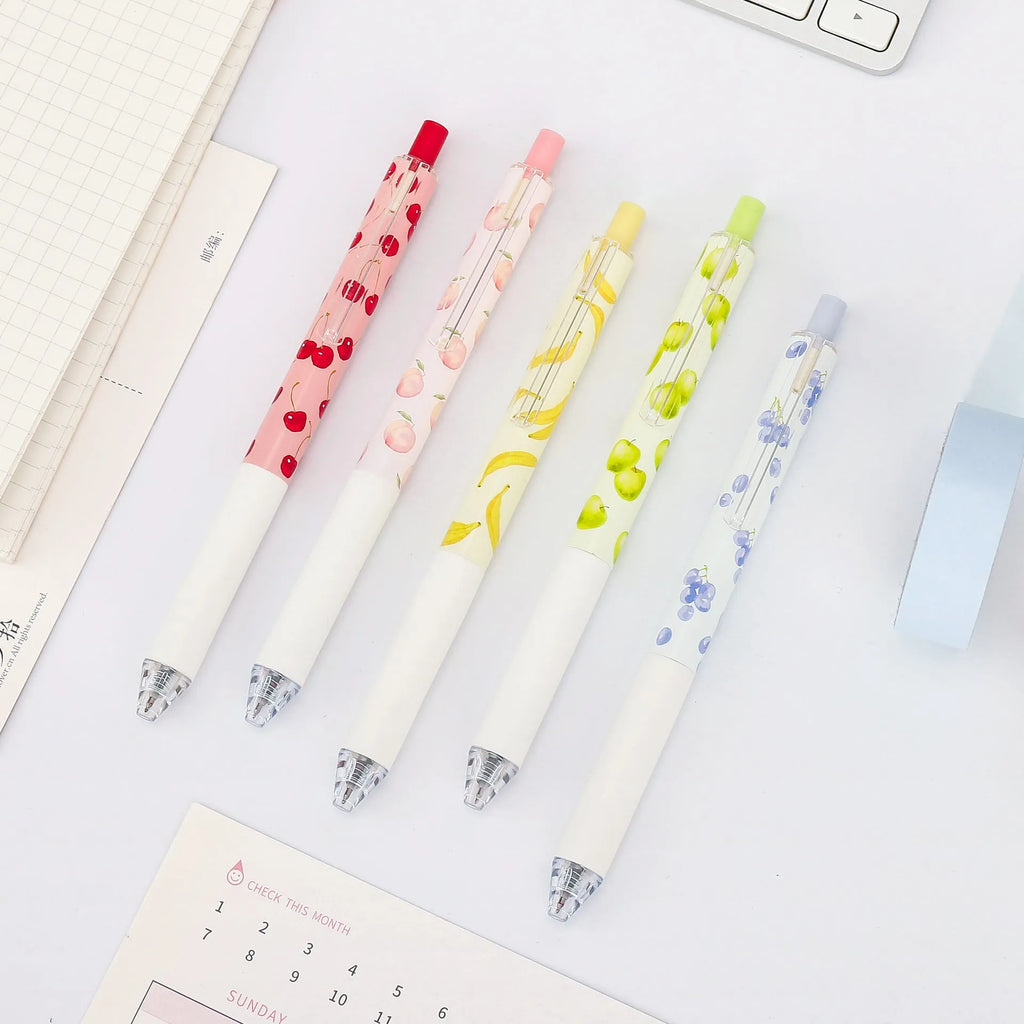 Three fruit-themed pressurised pens with 0.5mm quick-drying black ink