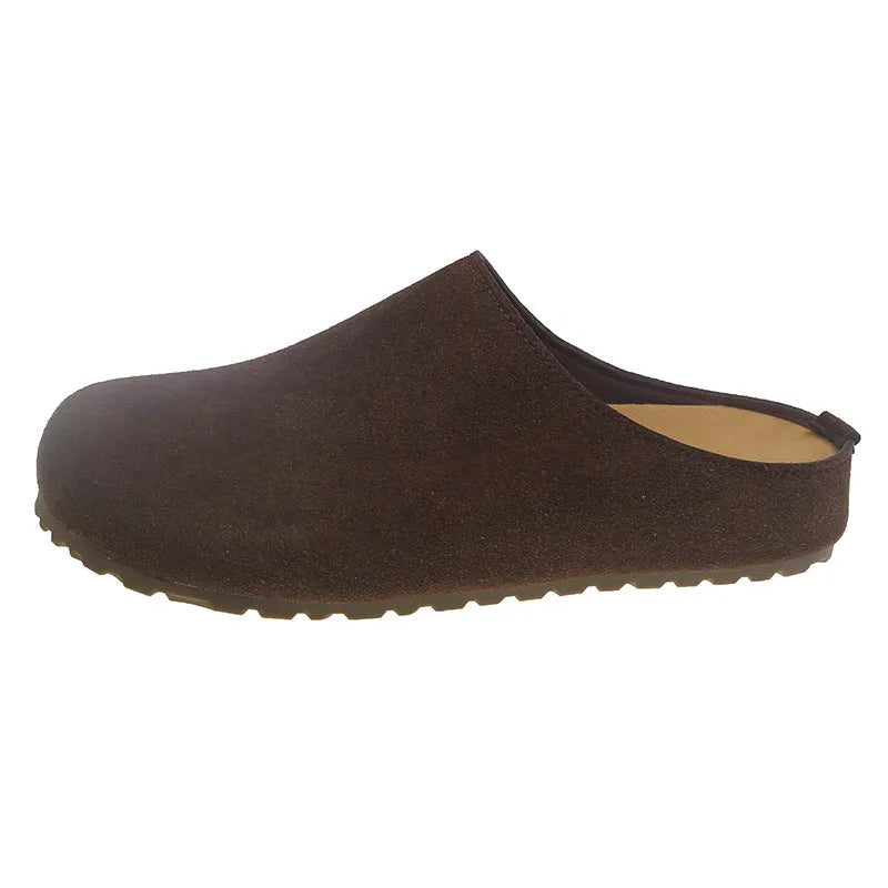 Korean style square toe outdoor slippers in apricot colour with a microfiber upper and PU sole.