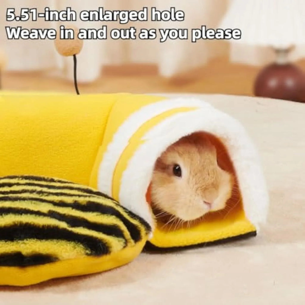 Yellow bee-shaped plush tunnel bed for small pets with removable sections and wire frame