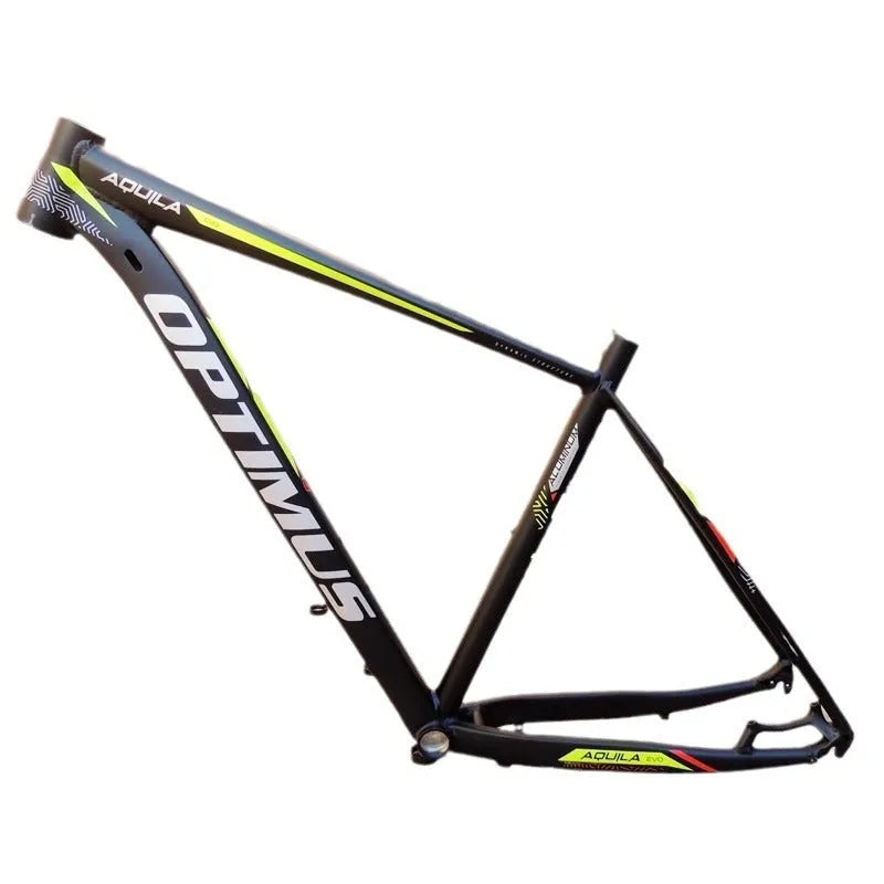 29-inch black-green aluminium mountain bike frame with disc brake mounts and inner cable routing