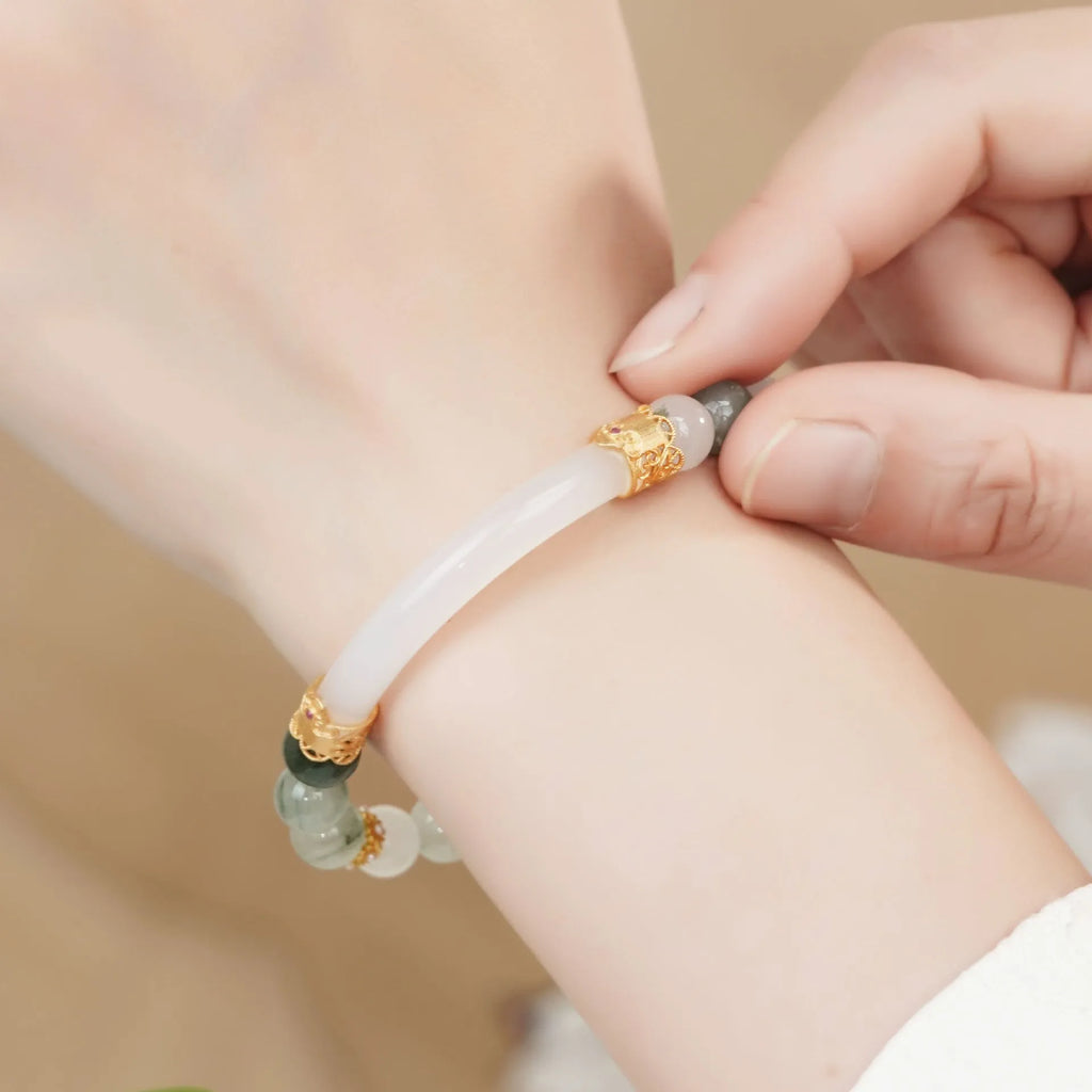 Emerald green Tian Shan Cui traditional national style half bracelet for women with round stones