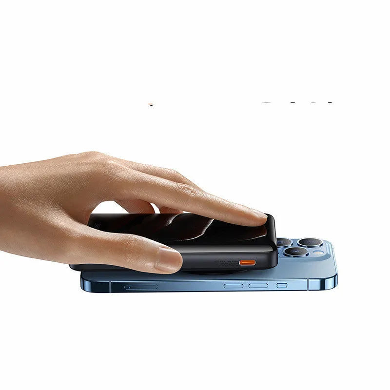 Slim blue magnetic power bank with wireless charging capability showing dimensions