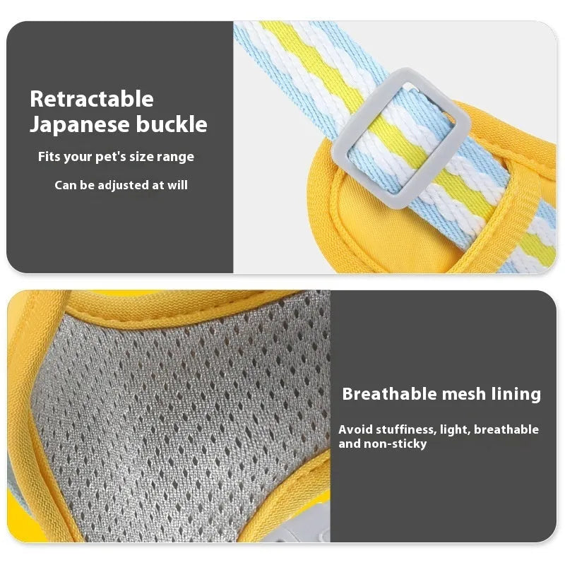 Explosion-proof anti-strangulation pet harness in green colour with adjustable chest design and attached holding rope