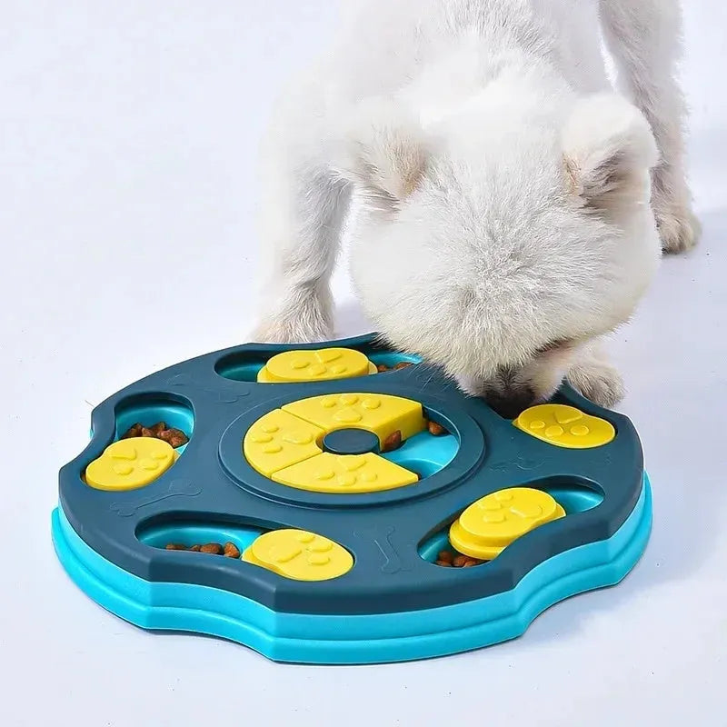Blue dog puzzle feeder toy with interactive food searching design for aggressive chewers