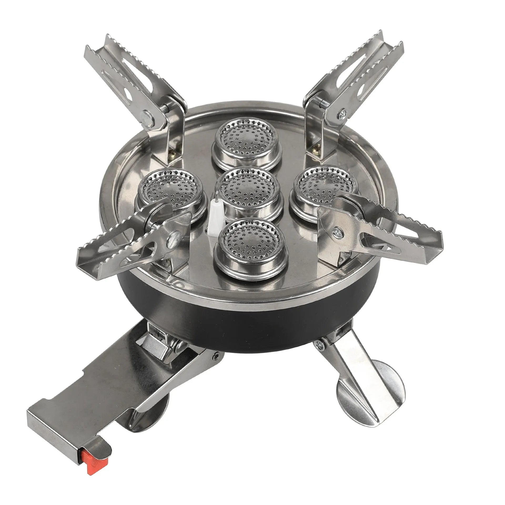 Silver portable foldable camping split stove made of stainless steel, shown with a 100cm hose.