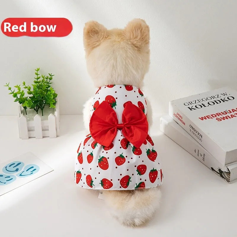 Ultra-thin floral butterfly knot princess dress for dog or cat on a hanger, showing bow colour options.