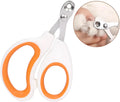 Blue cat nail clippers with a circular guide hole and non-slip handle on a white background.