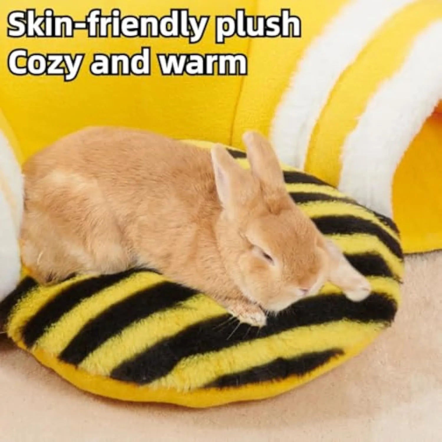 Yellow bee-shaped plush tunnel bed for small pets with removable sections and wire frame