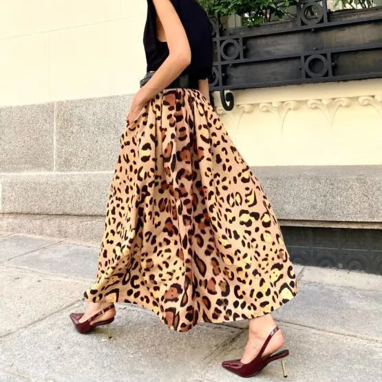 Brown leopard print women's A-line long skirt with elastic waist and big hem detailing