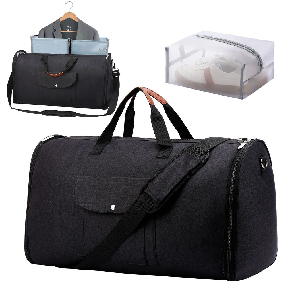 Foldable dark blue Oxford cloth duffel bag with 36-55L capacity for travel and gym.