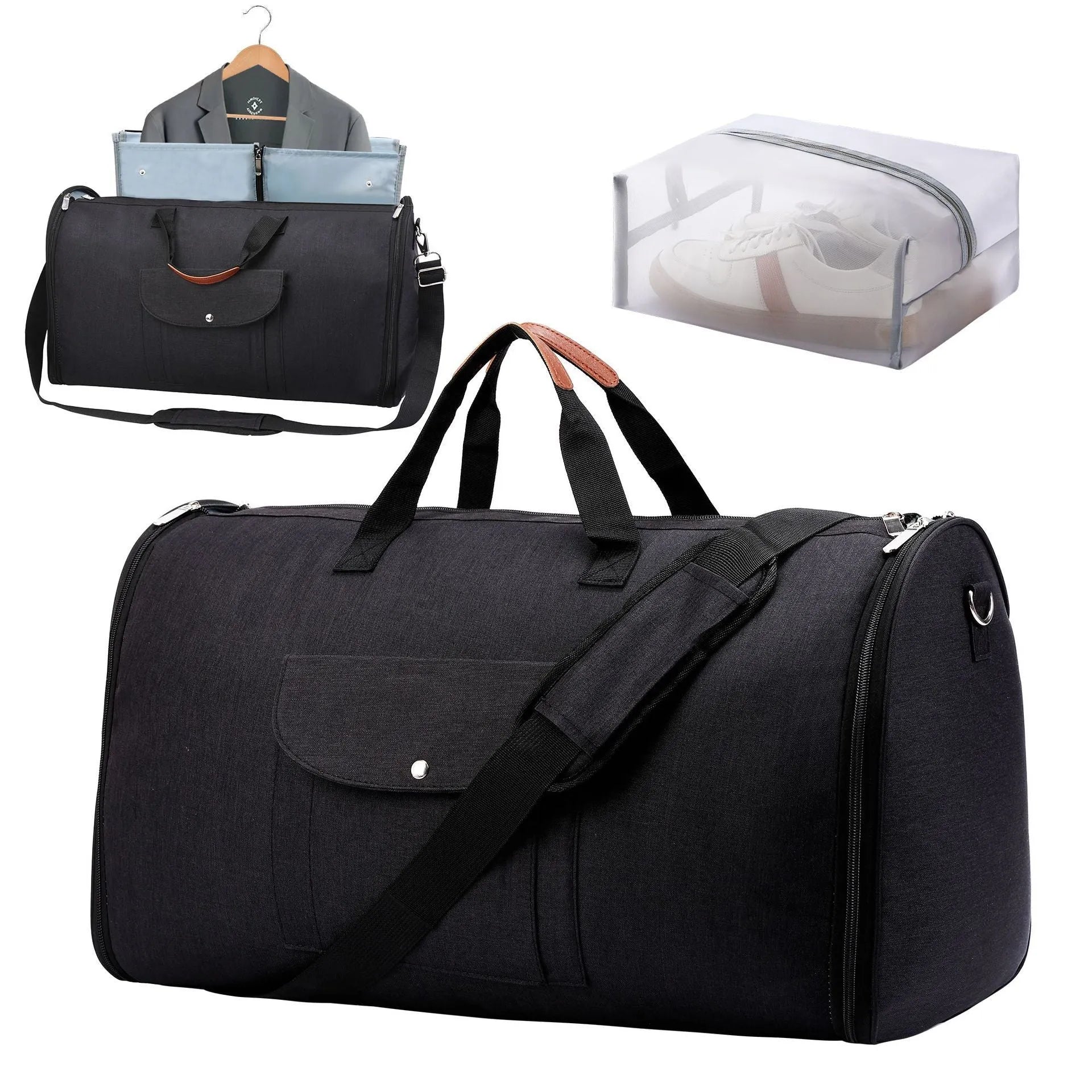 Foldable dark blue Oxford cloth duffel bag with 36-55L capacity for travel and gym.