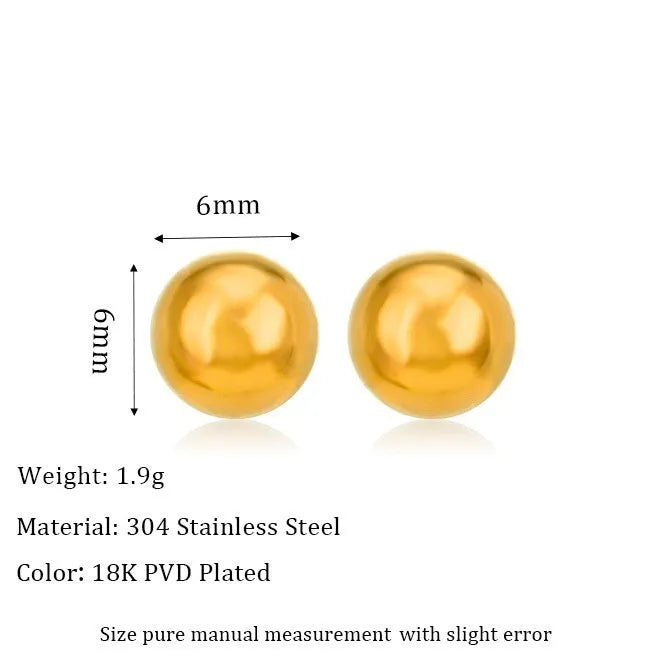 Stainless steel ball stud earrings in gold and silver finishes, showing 3mm to 6mm size comparison