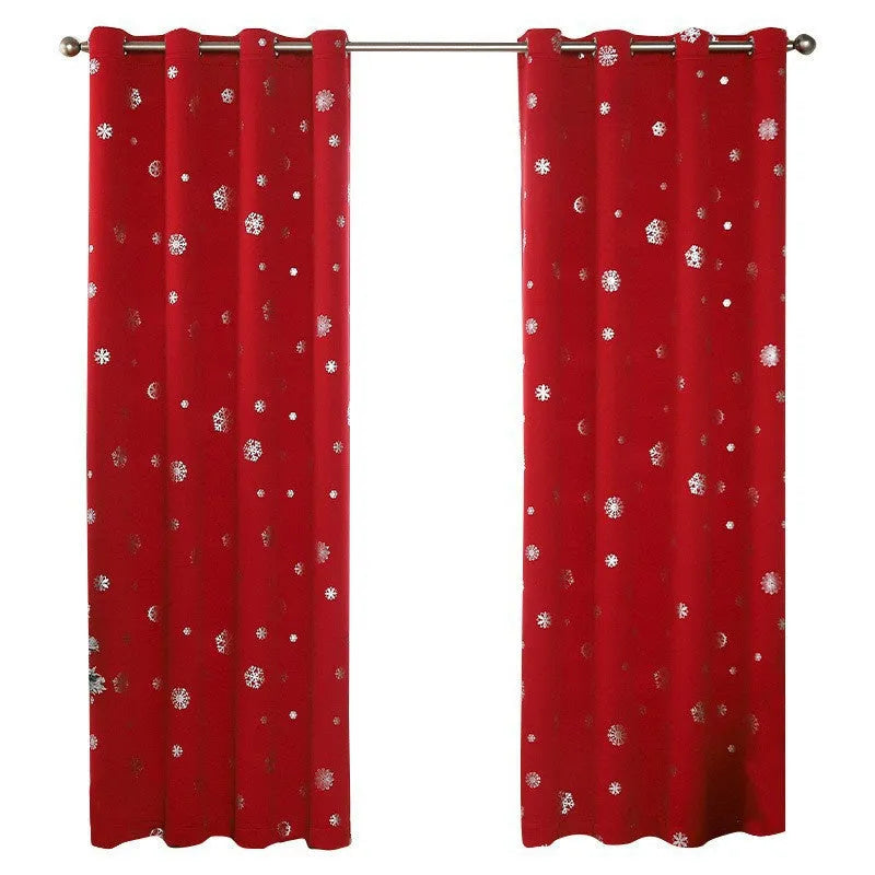 Snowflake pattern shade cloth curtain in red with iron hoop trim showing modern simplicity styling