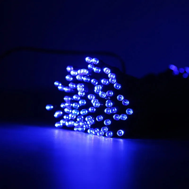 22m solar outdoor LED colour light string with 200 beads, IP65, eight modes, colourful warm blue white