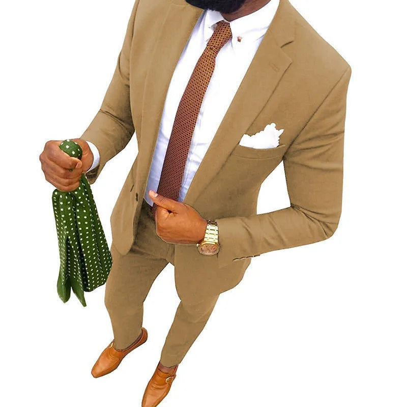 Men's multicolour cotton banquet suit jacket and trousers on a hanger, showing various available colours.