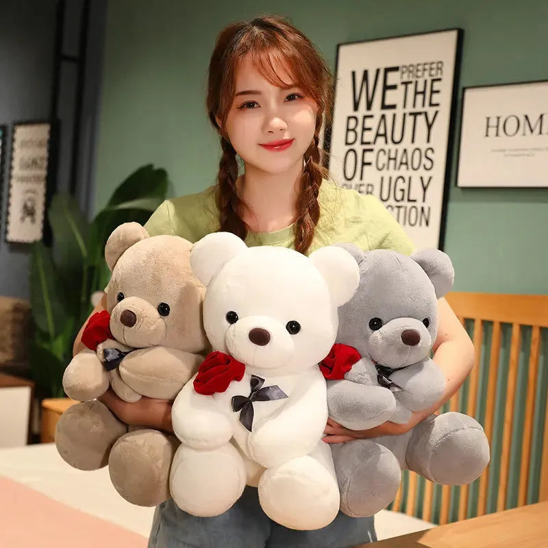 Rose pattern teddy bear plush doll in beige, brown or grey colours with soft fabric texture