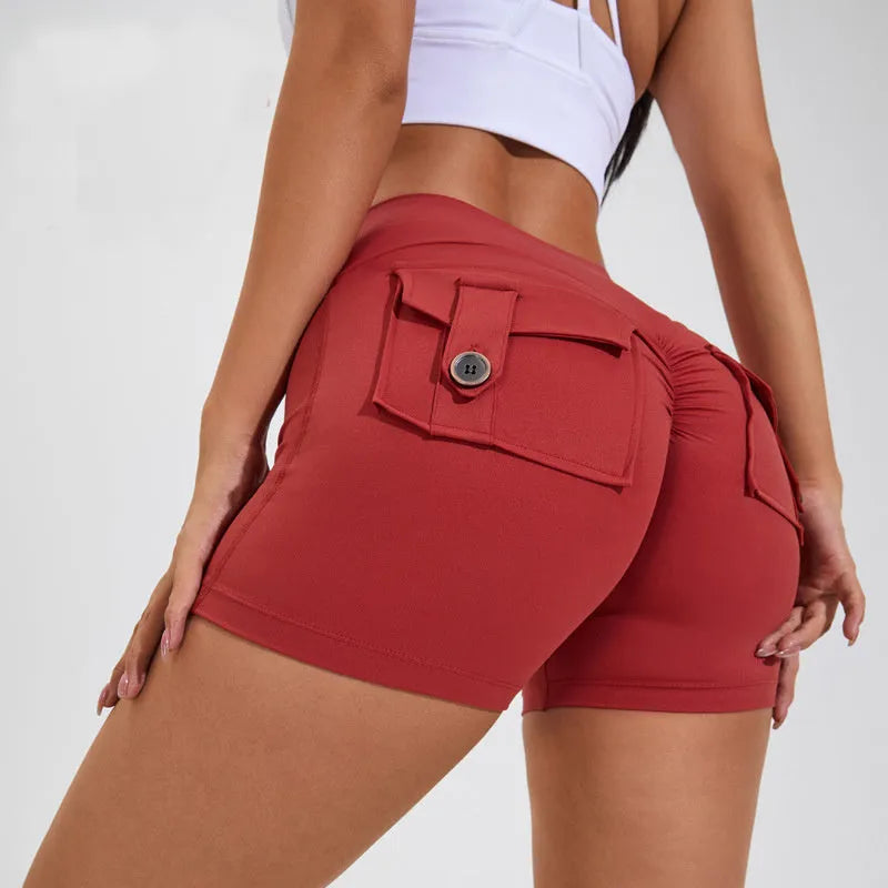 Women's high-waisted hip lifting shorts with pockets in quick-dry nylon fabric