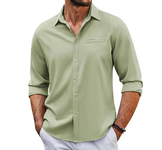 Men's grey long sleeve casual shirt with lace detail on polo collar and a chest pocket.