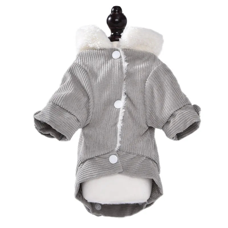 Dog wearing grey lambswool vest with fleece lining for autumn and winter warmth