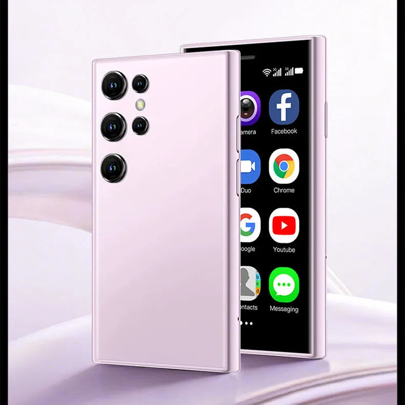 Mini Android smartphone with 30cm screen in black, green or pink purple colours showing compact design