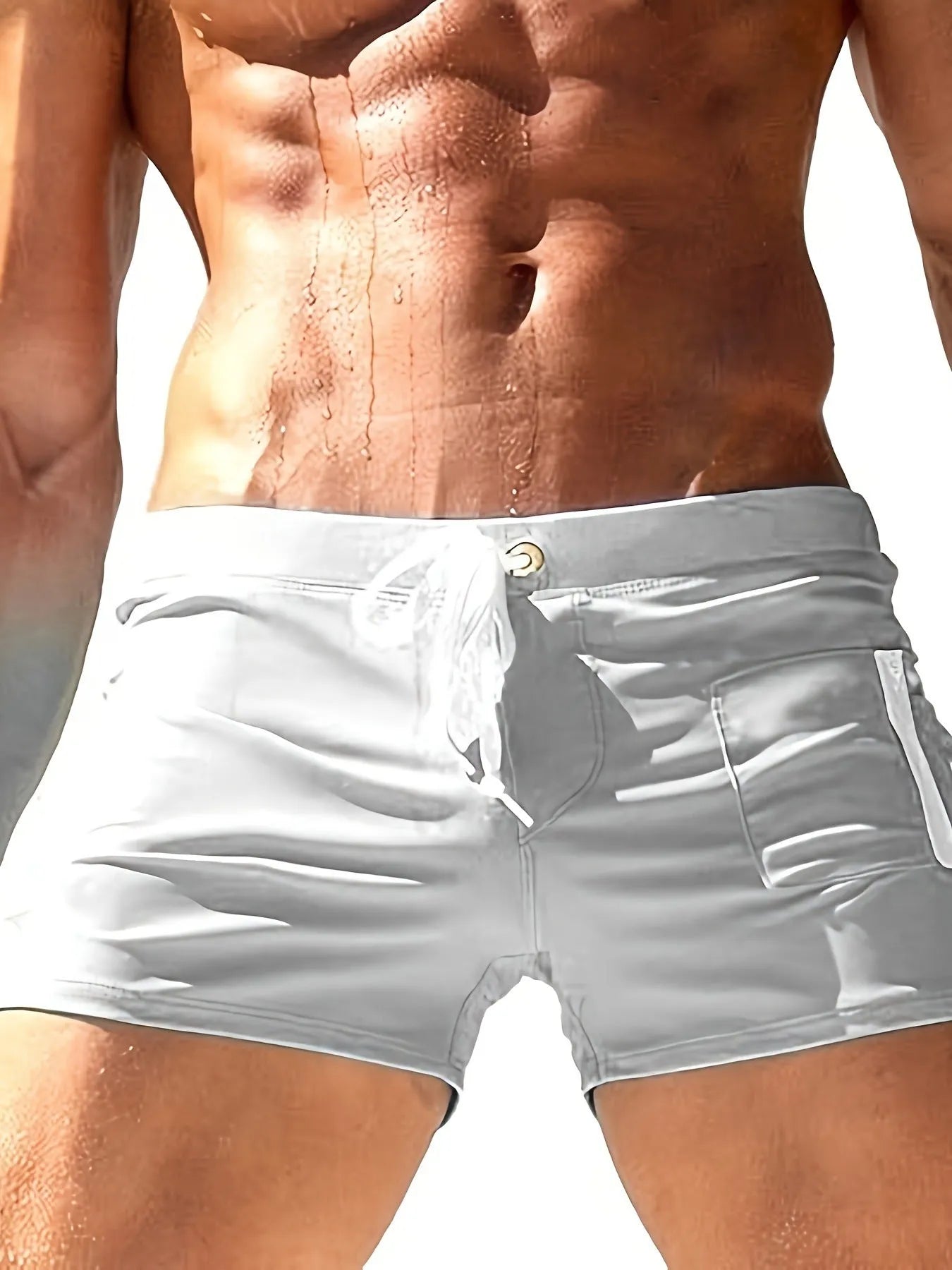 Men's black high waist swimming trunks with lace-up front in brief style