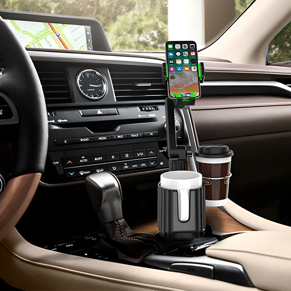 Green car drink rack and mobile phone holder with 3kg capacity for vehicle cup holders