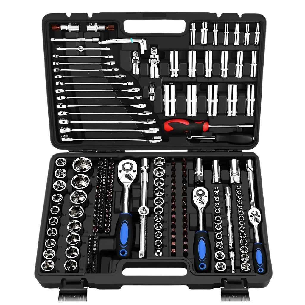 Chromium vanadium steel socket ratchet wrench set with multiple sockets in a case.